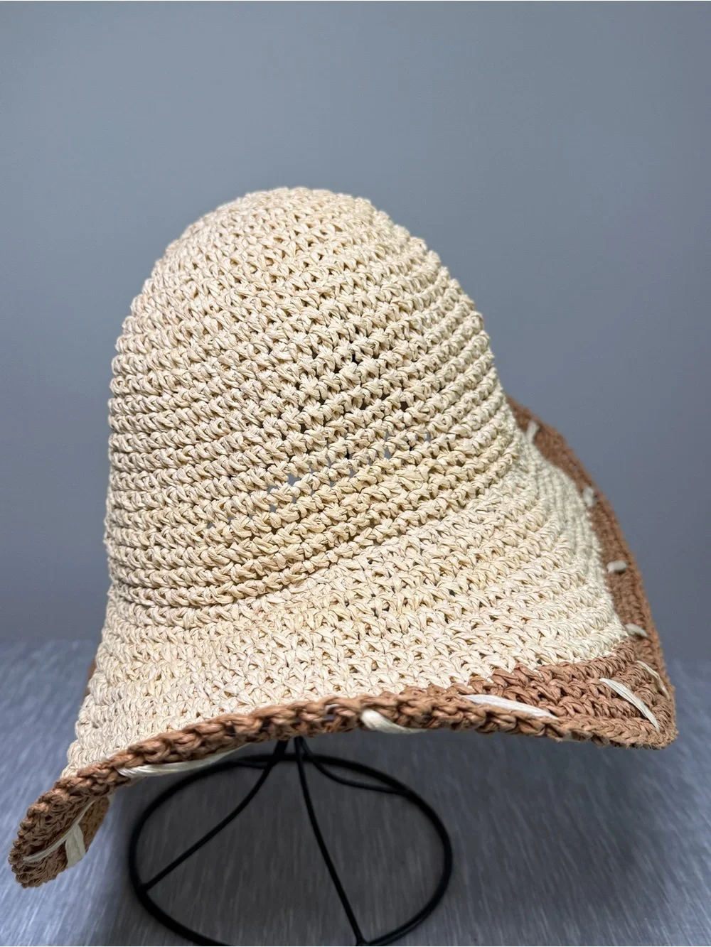 By Anthropologie Crochet Paper Floppy Sun Hat Cream Tan Colorblock Whipstitch OS